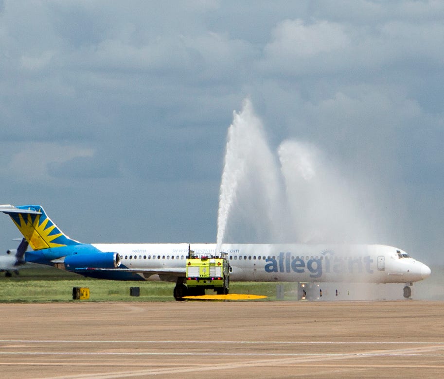 The South Terminal's first arrival -- an Allegiant flight from Albuquerque -- was welcomed with a water-cannon salute on April 14, 2017.