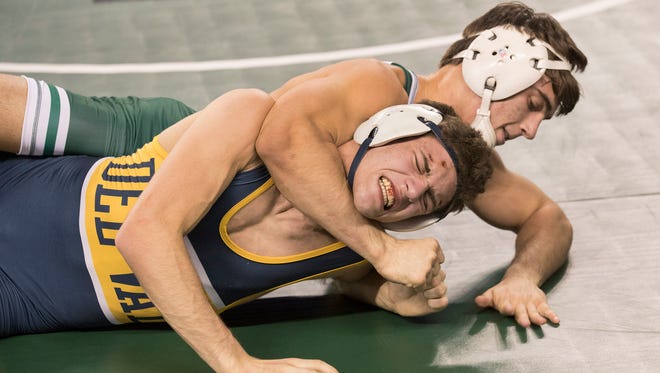 Delaware Valley's AJ DeRosa suffers a tough defeat to top seeded Patrick Glory from Delbarton. Opening round of NJSIAA State Wrestling Tournament in Atlantic City, NJ on Friday afternoon March 2, 2018. 