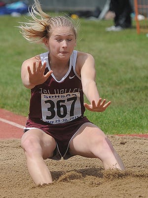 Tri-Valley's Kamberlyn Lamer competes in the girls triple jump during the 2015 Class A State Track and Field Championships in Spearfish on Friday.