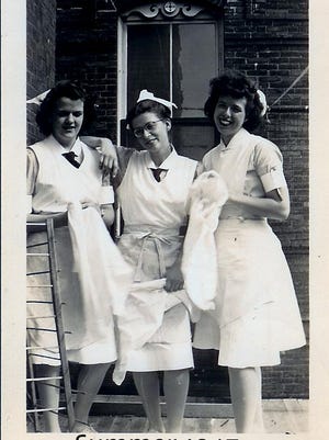Nursing students Jean Easton, left, Irene Urie and Joanne Bulmen in the summer of 1947.