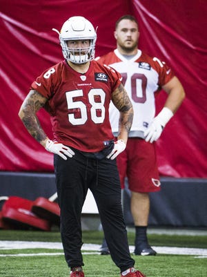 Linebacker Scooby Wright III waits his turn at Cardinals practice on Tuesday in Tempe.