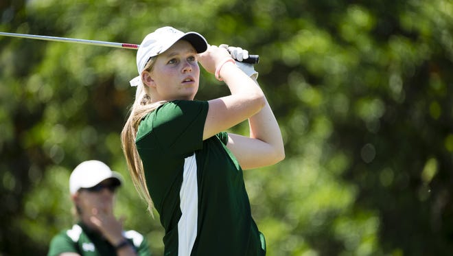 CSU golfer Katrina Prendergast, shown competing at the Mountain West championships last month, was the first-round leader Thursday at the NCAA West Regional in Stanford, Calif.