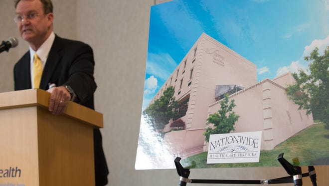 Terry Murphy, president and CEO of Bayhealth, speaks during a press conference regarding the sale of the Milford Memorial Hospital property to Nationwide Healthcare Services.