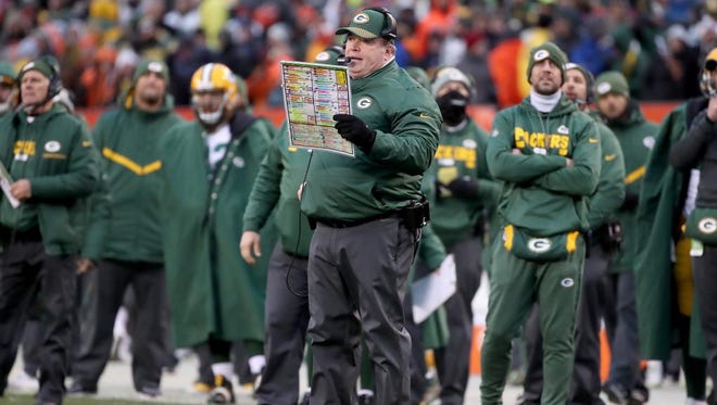 Green Bay Packers head coach Mike McCarthy calls a play in the fourth quarter against the Cleveland Browns on Dec. 10, 2017 at FirstEnergy Stadium in Cleveland.