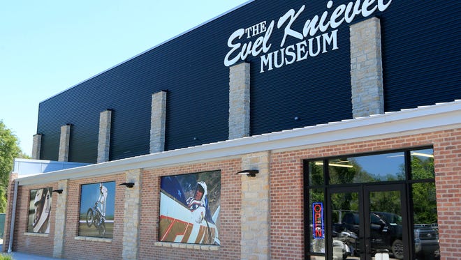 Double doors lead to the entrance of the new Evel Knievel Museum in Topeka, Kan., Friday, June 2, 2017. A new Kansas museum is giving enthusiasts of late motorcycle daredevil Evel Knievel a jump on appreciating his death-defying, bone-breaking exploits. The $5-million, 13,000-square-foot homage to the man famous for rocket-powered and motorbike stunts before his 2007 death has opened in Topeka.(AP Photo/Orlin Wagner)