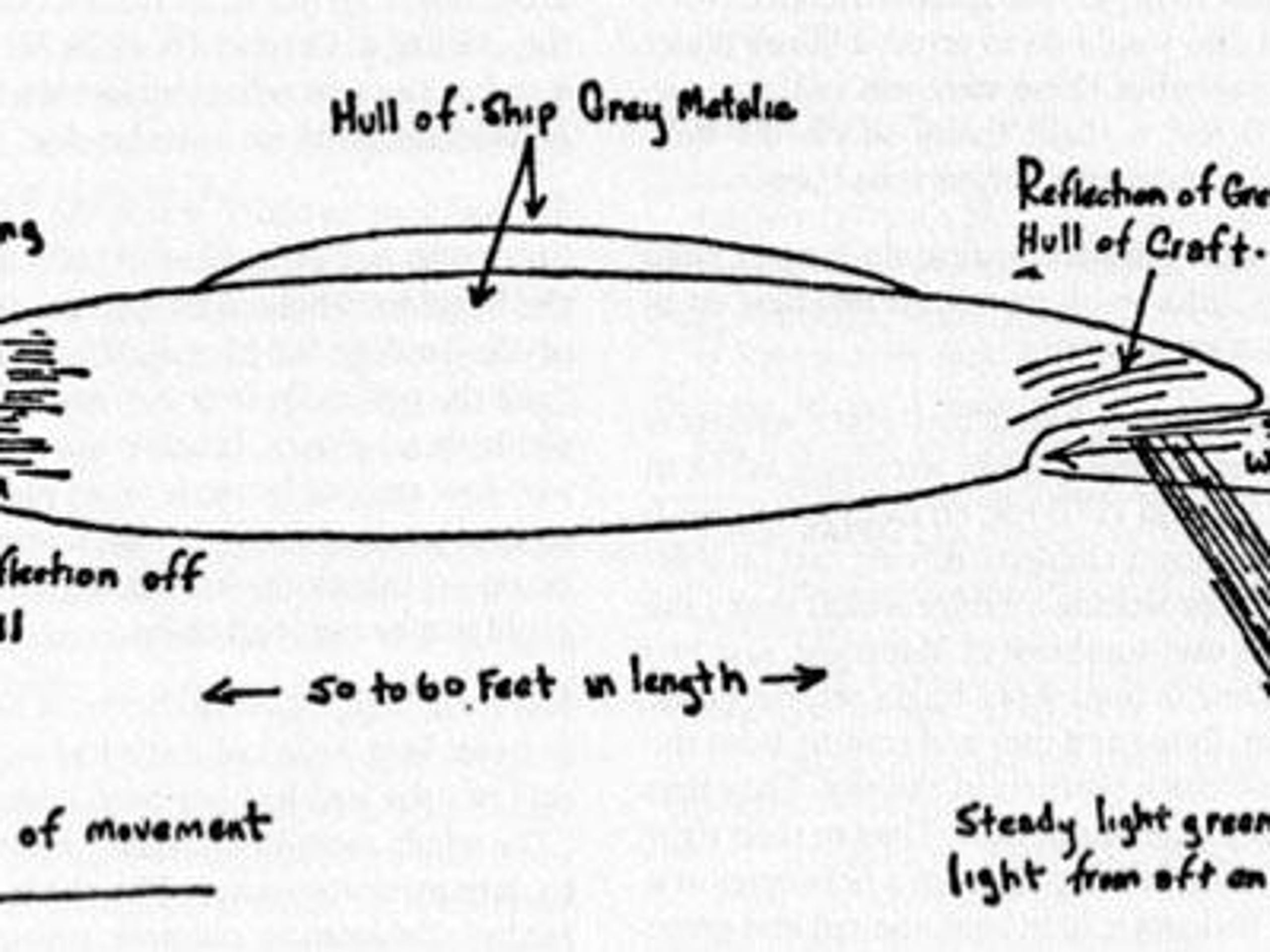 Members of the Army Reserve helicopter crew who reportedly encountered a UFO in October 1973 drew this diagram of the object they witnessed.