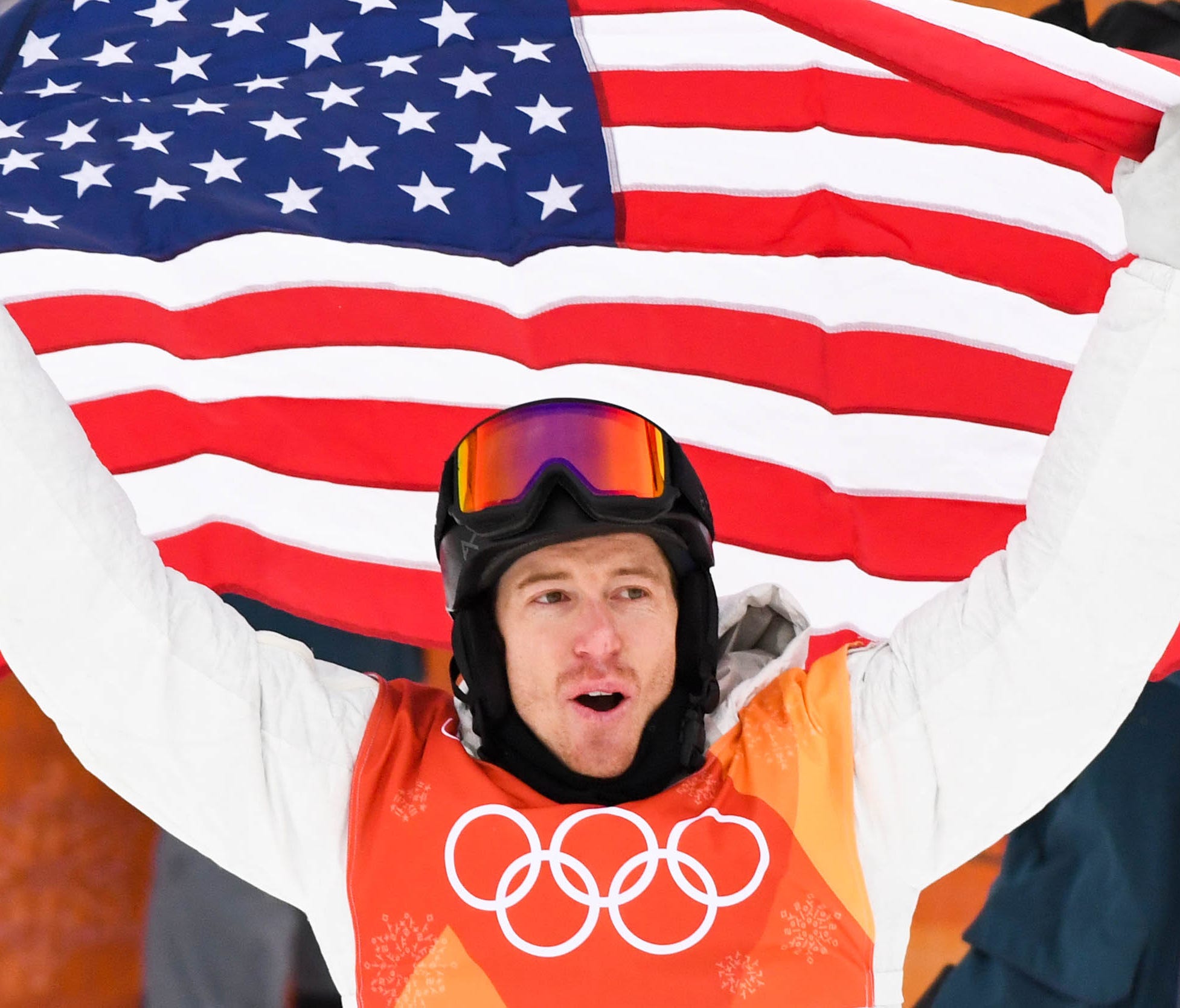 Feb 14, 2018; Pyeongchang, South Korea; Shaun White (USA) celebrates winning gold in the mens snowboarding halfpipe final during the Pyeongchang 2018 Olympic Winter Games at Phoenix Snow Park. Mandatory Credit: Kyle Terada-USA TODAY Sports