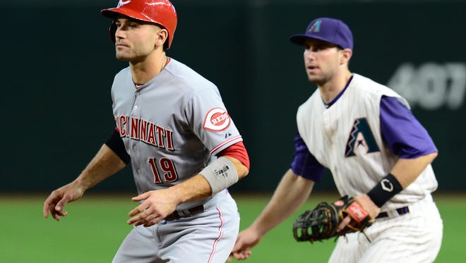 Cincinnati Reds first baseman Joey Votto (19) leads off of first base as Arizona Diamondbacks first baseman Paul Goldschmidt (44) covers during the fourth inning at Chase Field.