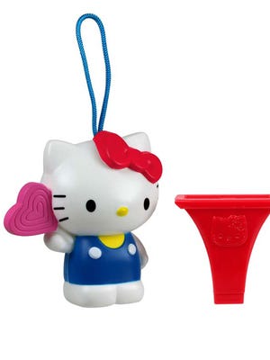 
This undated image provided by the U.S. Consumer Product Safety Commission shows a “Hello Kitty Birthday Lollipop” whistle, which McDonald’s gave to children in Happy Meals. McDonald’s is recalling the toys because there is a chance children could choke on some of its parts. 
