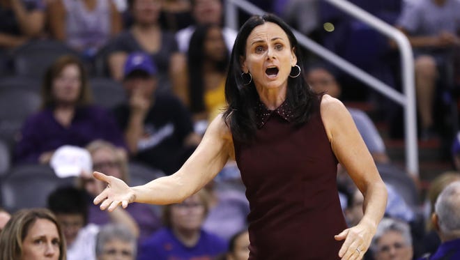 Mercury's head coach Sandy Brondello reacts to a foul call during the first half against the Aces at Talking Stick Resort Arena in Phoenix, Ariz. on July 19, 2018.