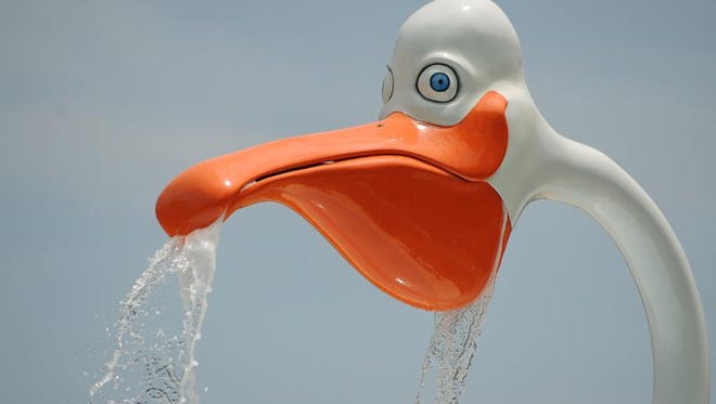 A gangly pelican drips a cool spray of water onto visitors to the Jackson Zoo's Splash Pad. Entrance to the Splash Pad is included in the price of admission to the zoo.