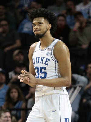 Marvin Bagley III reacts during a game against the North Carolina Tar Heels.