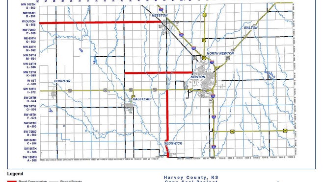 The Harvey County road projects are shown in red.