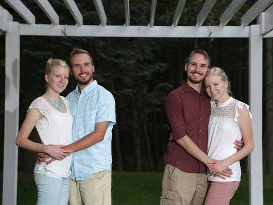 From left, Krissie Bevier and fiancé Zack Lewan and Nicholas Lewan and fiancée Kassie Bevier pose on July 29, 2018, in Grass Lake. Identical twins Krissie and Kassie Bevier married identical twins, Zack and Nicholas Lewan.