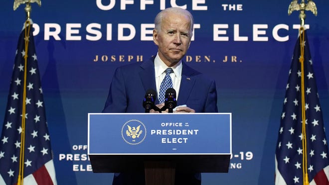 President-elect Joe Biden speaks Monday, Nov. 9, 2020, at The Queen theater in Wilmington, Del.