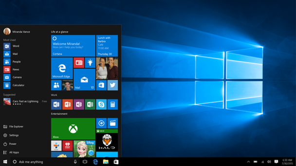 The Windows 10 "Start" menu.