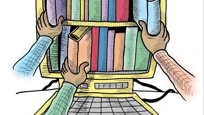 Illustration on online learning, online libraries, by syndicated artist Margaret Scott/Special to the Free Press