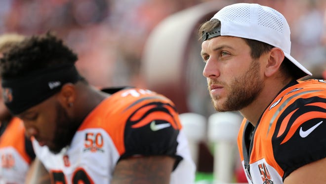 Cincinnati Bengals tight end Tyler Eifert (85) sits on the bench in the fourth quarter during the Week 3 NFL preseason game between the Cincinnati Bengals and Washington, Sunday, Aug. 27, 2017, at FedEx Field in Landover, Maryland. 