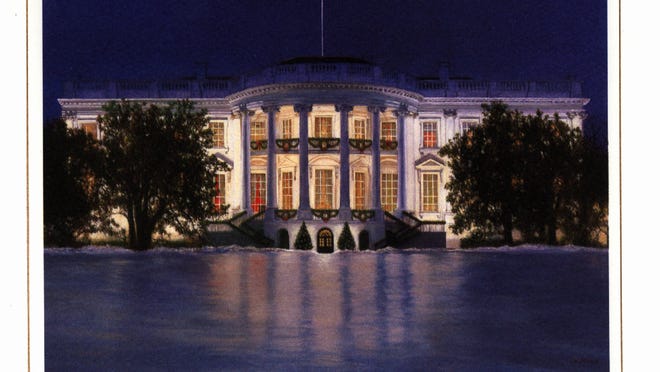 -

-The 1997 White House Holiday Card, released Wednesday, Dec. 3, 1997, by the White House, is a reproduction of Kay Jackson's "White House Nocturne South Lawn 1997" It features a winter evening on the South Lawn. The card will be sent by President and Mrs. Clinton to approximately 300,000 families and is paid for by the Democratic National Committee. (AP Photo/White House)-

-CAPTION: First lady Hillary Rodham Clinton unveiled the 1997 White House holiday card during a recent viewing of holiday decorations. The card, above, is a reproduction of "White House Nocturne, South Lawn 1997" by Washington artist Kay Jackson.-

-RAN IN B&W.