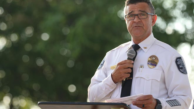 Gastonia Police Chief Travis Brittain speaks during a community event sponsored by the Gaston Clergy and Citizens Coalition in partnership with the city of Gastonia held at the Rotary Pavilion in Gastonia Thursday evening, July 16, 2020, in this Gazette file photograph.