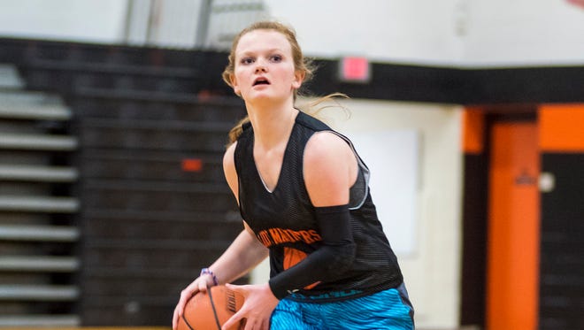 Marine City High School sophomore Morgan McConnell practices with the team Feb. 9.