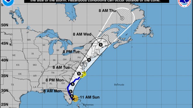 The 11 a.m. Sunday forecast from the National Weather Service in Charleston shows the track of Tropical Storm Isaias.