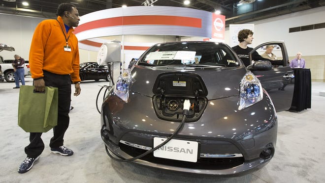 The Nissan Leaf at an auto show in Houston last year.