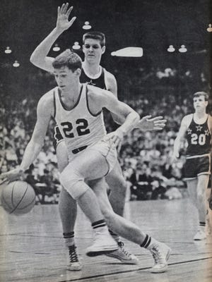 North High School junior Bob Ford drives to the basket against Lafayette Jefferson in ?67.
Evansville North High School junior Bob Ford drives to the basket against Lafayette Jefferson in the 1967 IHSAA State Final.