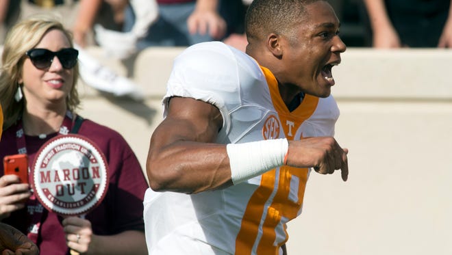 Tennessee defensive back Nigel Warrior (18) shows his anger as he is ejected from the game for targeting during the first half of the game against Texas A&M on Saturday, October 8, 2016. (SAUL YOUNG/NEWS SENTINEL) 