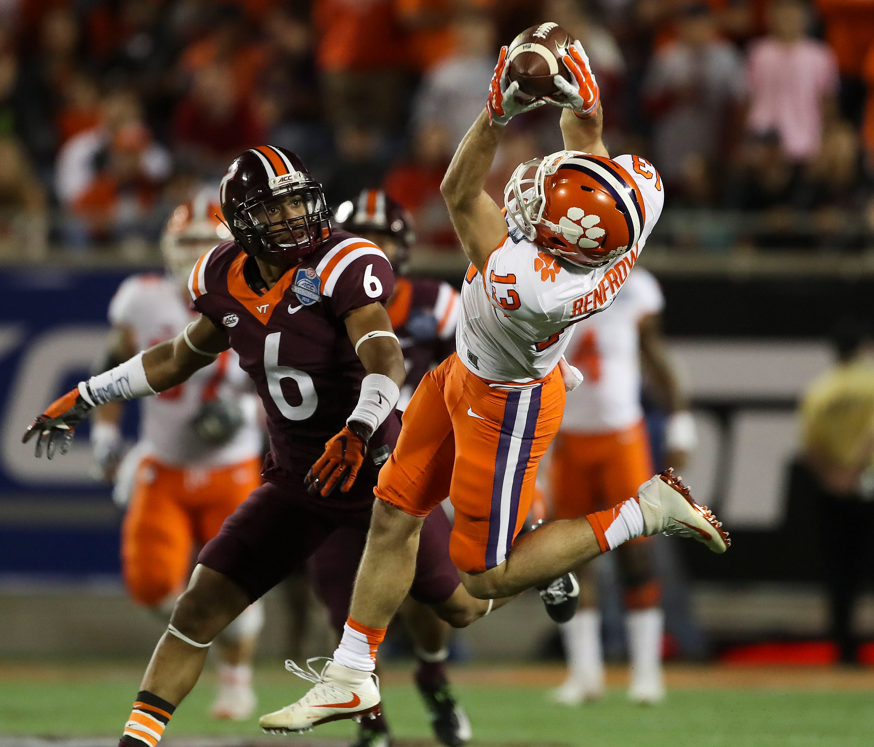 Clemson wide receiver Hunter Renfrow makes a catch against Virginia Tech during the 2016  ACC championship game at Camping World Stadium.