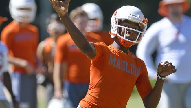 Mauldin quarterback Dre Harris, who missed the end of his junior season with a broken collarbone, delivers a pass during Thursday's 7-on-7 competition at Mauldin.