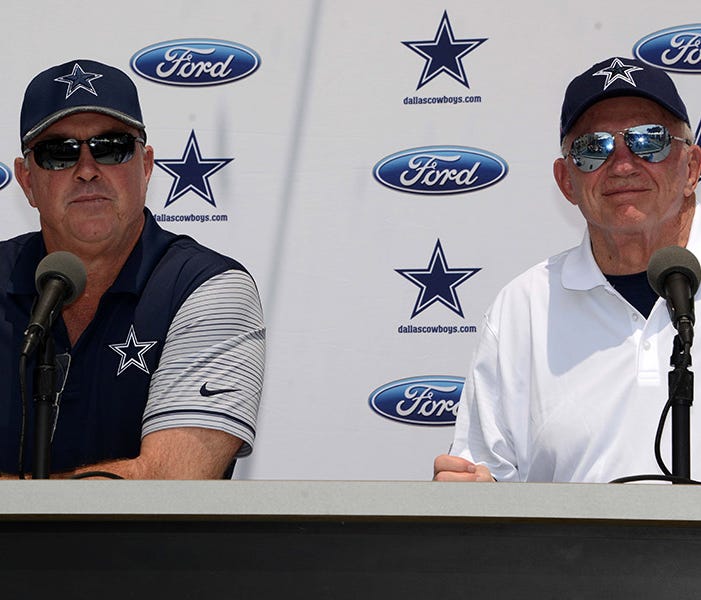 Jul 29, 2016, Oxnard, CA, USA; Dallas Cowboys executive vice president Stephen Jones (left) and owner Jerry Jones at press conference at the River Ridge Fields. Mandatory Credit: Kirby Lee-USA TODAY Sports