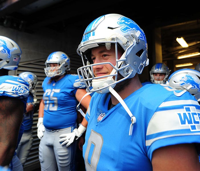 Aug 13, 2017; Indianapolis, IN, USA; Detroit Lions quarterback Matthew Stafford (5) gets ready to run onto the field before the start of their game against  the Indianapolis Colts  at Lucas Oil Stadium. Mandatory Credit: Thomas J. Russo-USA TODAY Spo