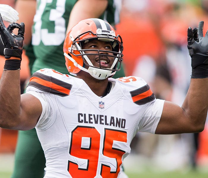 Oct 8, 2017; Cleveland, OH, USA; Cleveland Browns defensive end Myles Garrett (95) celebrates his sack on New York Jets quarterback Josh McCown during the second quarter at FirstEnergy Stadium. Mandatory Credit: Scott R. Galvin-USA TODAY Sports