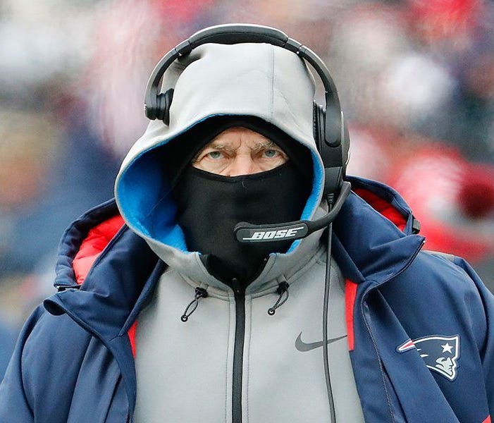 Dec 31, 2017; Foxborough, MA, USA; New England Patriots head coach Bill Belichick during the second quarter against the New York Jets at Gillette Stadium. Mandatory Credit: Winslow Townson-USA TODAY Sports