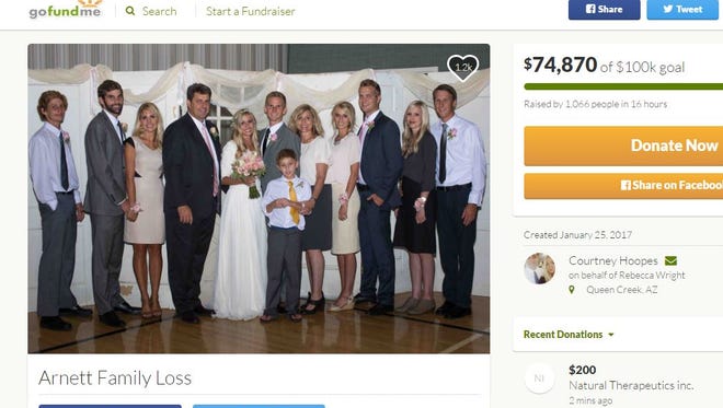 A screen grab of the GoFundMe page for the Arnett family. Juliet Arnett and her youngest son, Josh, died Jan. 25, 2017, after fire broke out in their Queen Creek home. In the undated photo, Juliet is to the right of the newlyweds. Josh is standing in front of the groom.