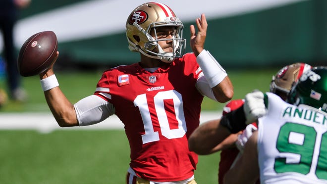 San Francisco 49ers quarterback Jimmy Garoppolo (10) throws a pass during the first half of an NFL football game against the New York Jets, Sunday, Sept. 20, 2020, in East Rutherford, N.J. Garoppolo will face his former Patriots teammates for the first time on Sunday, Oct. 25.