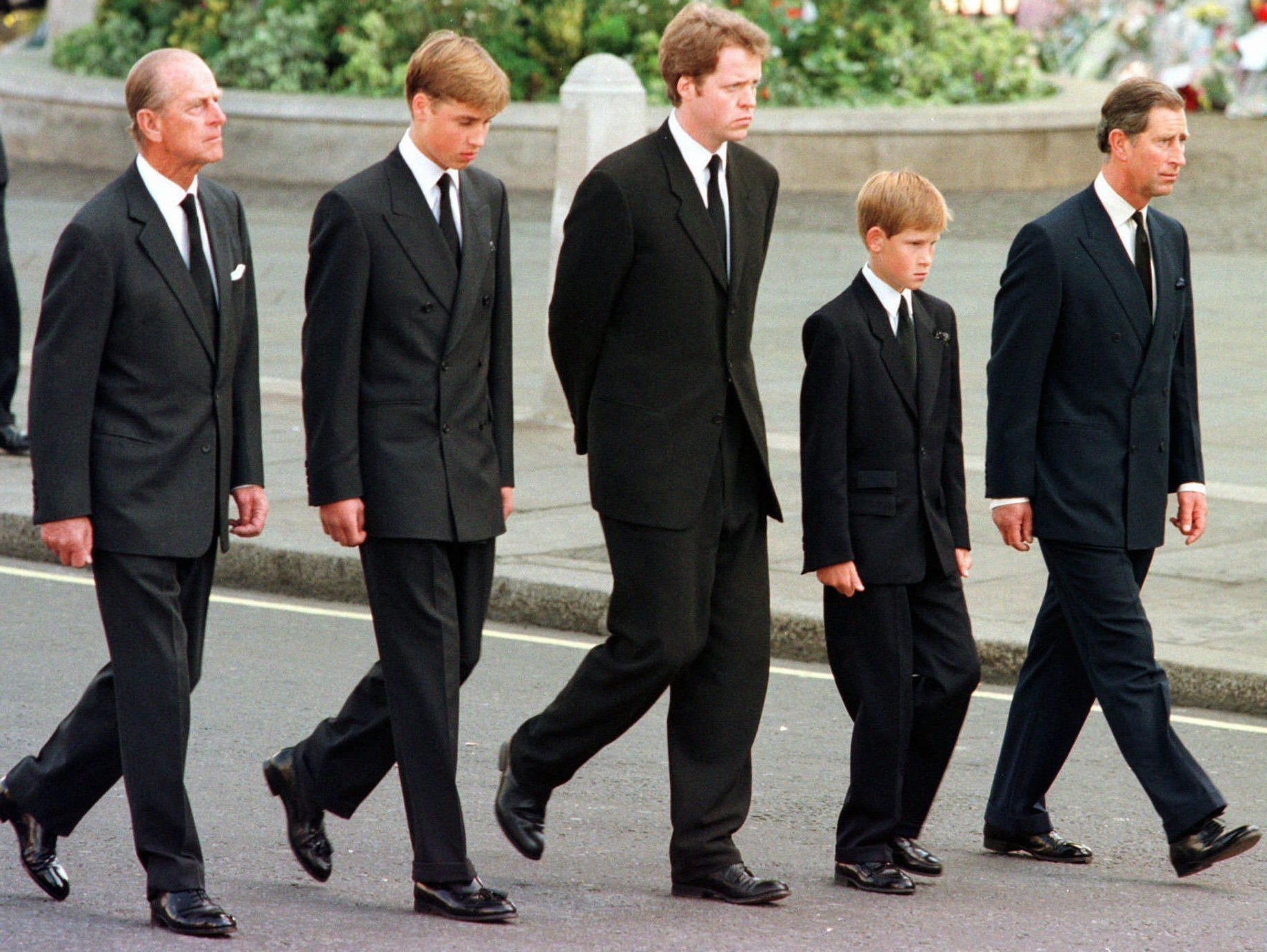 From left to right: The Duke of Edinburgh, Prince William, Earl Spencer, Prince Harry and Prince Charles outside Westminster Abbey during the funeral procession for Diana, Princess of Wales on Sept. 6, 1997.