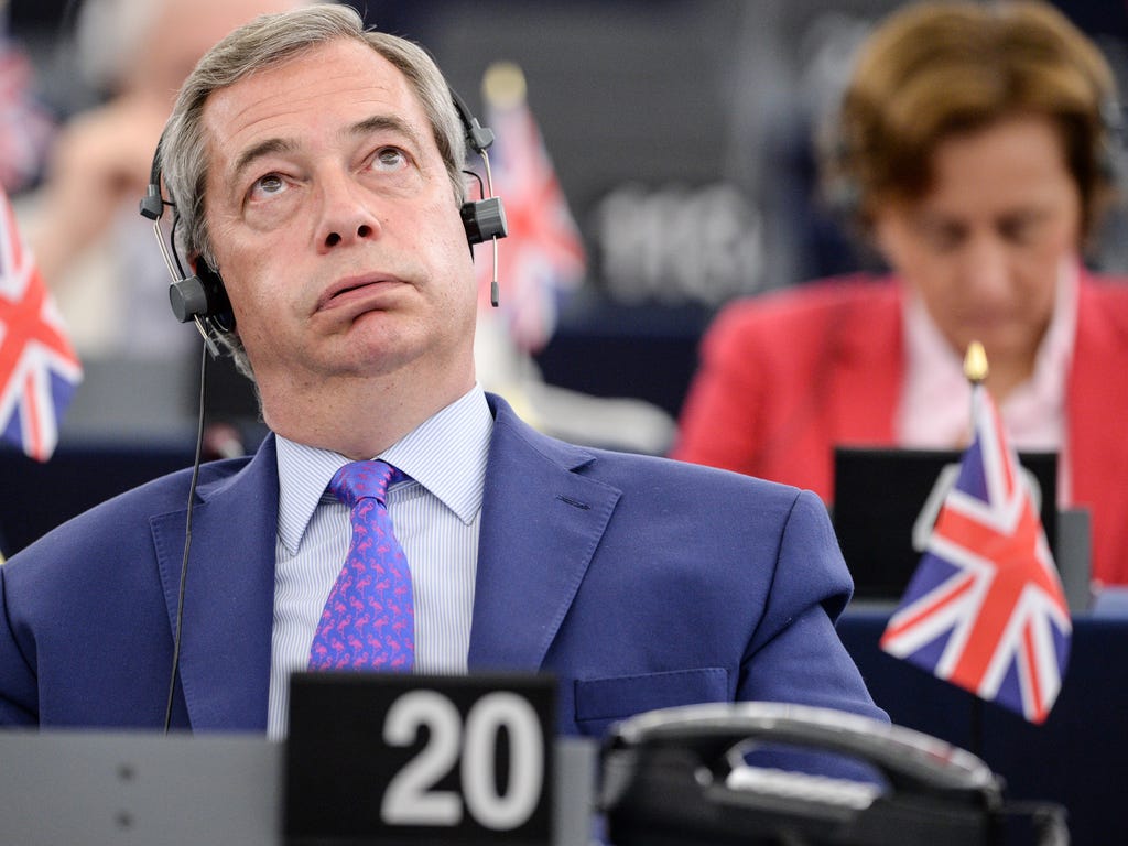 Nigel Farage, a member of the European Parliament and former leader of the anti-EU UK Independence Party (UKIP) gestures during speeches at the European Parliament in Strasbourg, eastern France. The European Parliament laid down its \