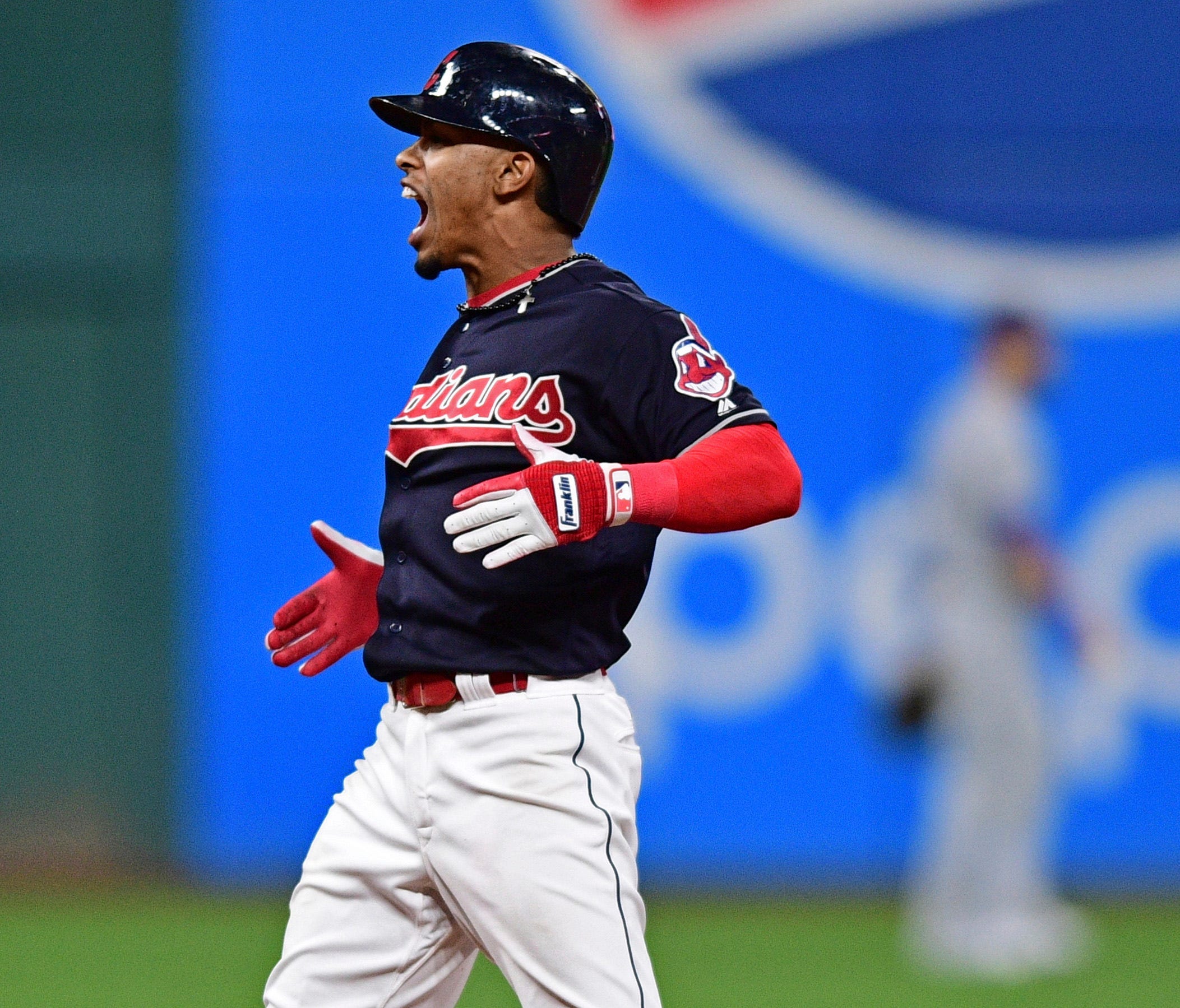 Cleveland Indians' Francisco Lindor celebrates after hitting a RBI double in the ninth inning of a baseball game against the Kansas City Royals, Thursday, Sept. 14, 2017, in Cleveland. (AP Photo/David Dermer) ORG XMIT: OHDD120