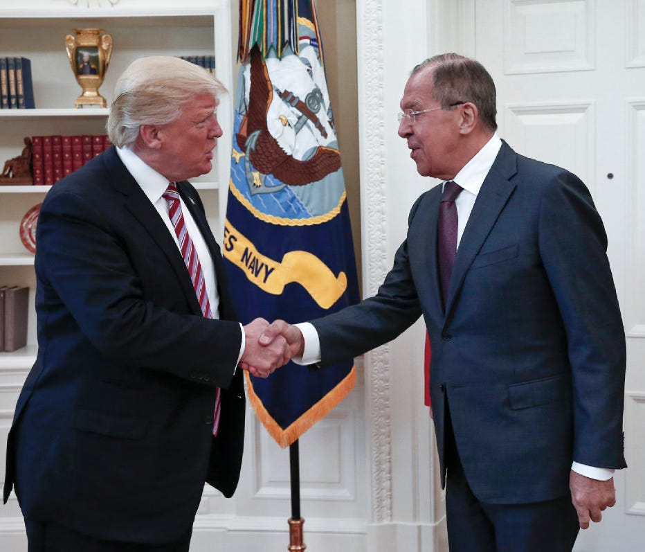 President Trump shakes hands with Russian Foreign Minister Sergey Lavrov in the White House,   May 10, 2017.