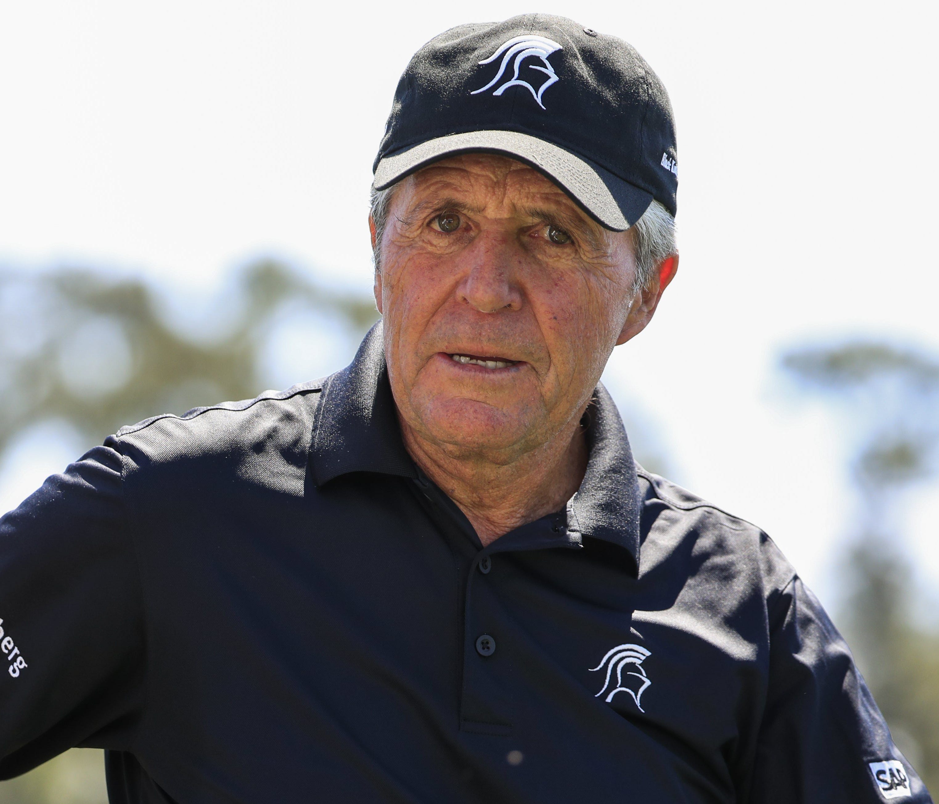 epa05885036 Gary Player of South Africa walks off the first tee during a practice round as the Drive, Chip & Putt Championship goes on elsewhere on the course at the 2017 Masters Tournament at the Augusta National Golf Club in Augusta, Georgia, U