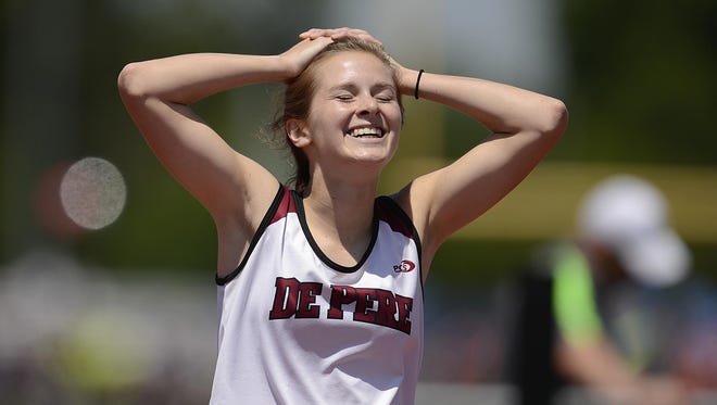 De Pere freshman Grace Matzke reacts after placing in the Division 1 400-meter dash during the WIAA state track and field meet.