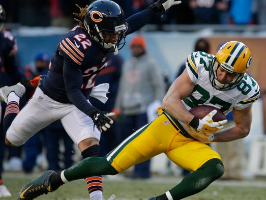 Green Bay Packers wide receiver Jordy Nelson (87) reels