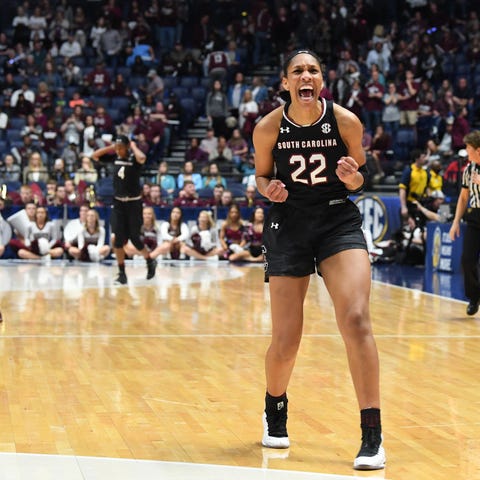 Forward A'ja Wilson celebrates another SEC title...