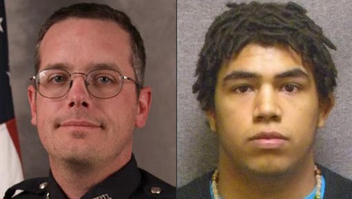 FILE - This combination made with file photos provided by the Madison, Wis. police department and Wisconsin Department of Corrections shows Madison Police officer Matt Kenny, left, and Tony Robinson, a biracial man who was killed by the officer. Kenny has been cleared of wrongdoing in an internal investigation of his fatal shooting of the unarmed 19-year-old. (Madison Police Department/Wisconsin Department of Corrections via AP)