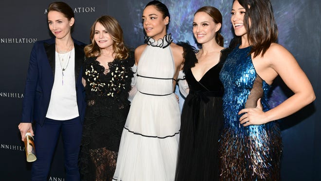 (L-R) Tuva Novotny,  Jennifer Jason Leigh, Tessa Thompson, Natalie Portman, and Gina Rodriguez attend the premiere of Paramount Pictures' 'Annihilation' at Regency Village Theatre on February 13, 2018 in Westwood, California.