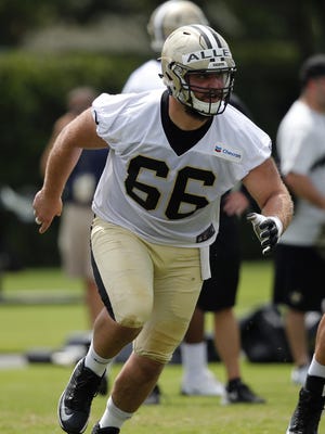 Former Michigan State offensive lineman Jack Allen takes part in a drill with the New Orleans Saints this month.