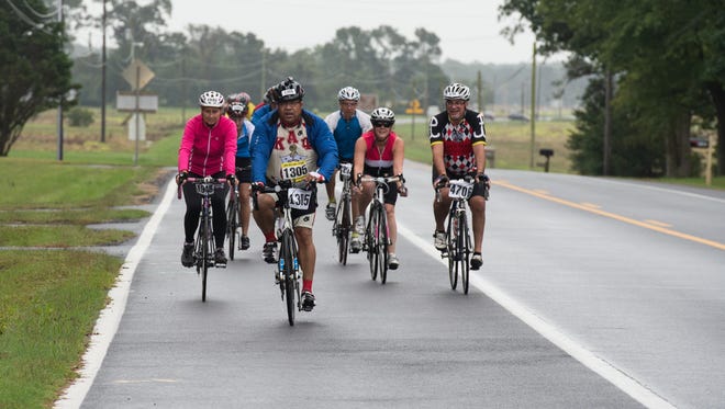 A group of cyclists ride along Route 12 on Saturday, amid mild rain on Oct. 8, 2016. 