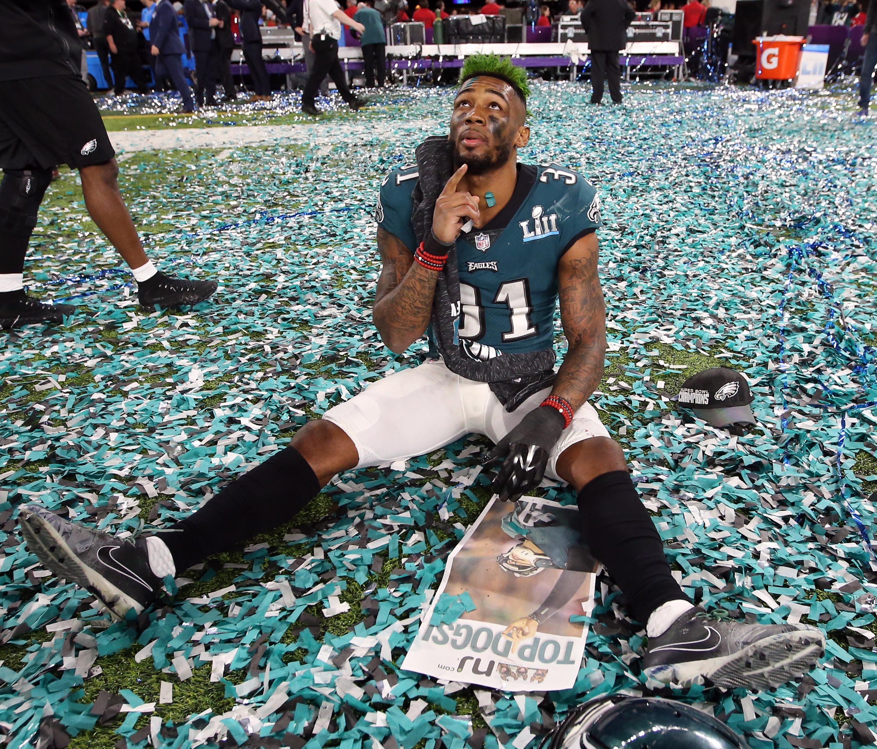 Philadelphia Eagles cornerback Jalen Mills (31) reacts after defeating the New England Patriots in Super Bowl LII at U.S. Bank Stadium.